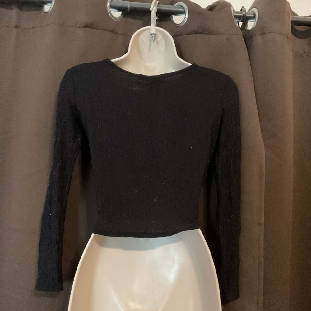 Planet gold Black Sparkle Long Sleeve Twist Front Crop Top - Picture 2 of 2